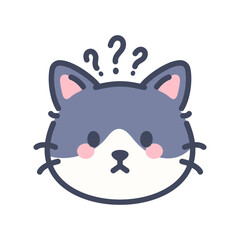 Confused gray cat emoji icon. Cute cartoon kitten face with question mark expression.