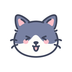 Laughing gray cat emoji icon. Cute cartoon kitten face with happy expression.