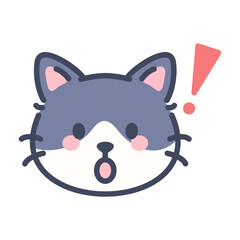 Surprised gray cat emoji icon. Cute cartoon kitten face with exclamation mark expression.