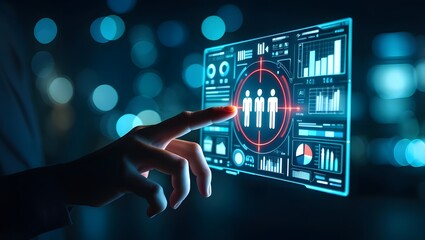 Futuristic interface showing customer data analytics and AI-driven target audience identification. Ideal for marketing, CRM, and business intelligence concepts.