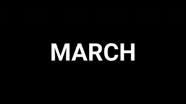 Geometric shapes reveal March word in typography animation in black and white. 4k text animated video