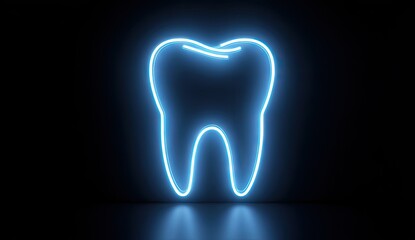 Blue neon tooth glowing in the dark representing dental health and technology.