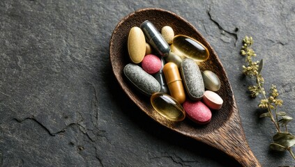 Wooden spoon filled with assorted vitamin pills and capsules on dark textured background.