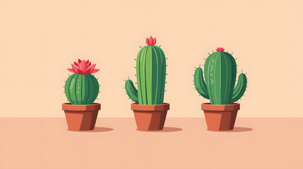 Minimalist vector illustration of three cacti in clay pots bold colors and shadows