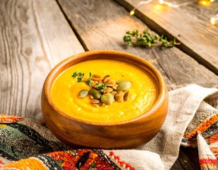 Creamy pumpkin soup in a wooden bowl on a rustic table