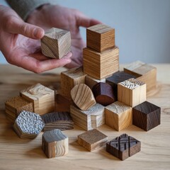 Artistic Collection of Unique Wooden Blocks with Diverse Textures and Shapes.