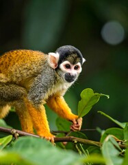 Obraz premium Close-up of a small monkey with orange fur, perched on a branch in a lush forest