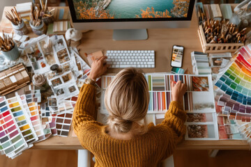 A designer sits at a wooden desk surrounded by color swatches, palettes, brushes, and a keyboard, focused on a computer screen displaying vivid artwork and layout ideas.