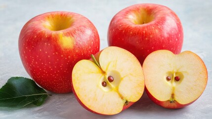 Fresh Red Apples with Slice and Green Leaf on Gray Background
