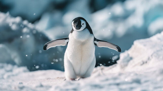 Jovem pinguim em p&eacute; na neve