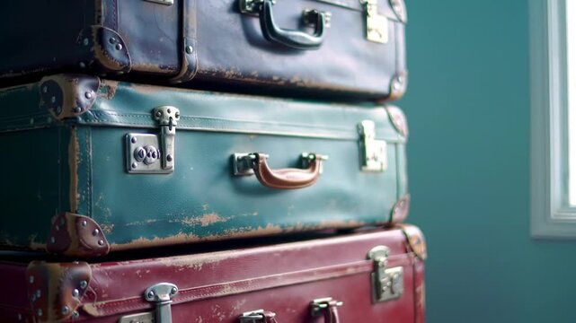 Stacked Vintage Suitcases Travel Ready with Adventure Awaits, Retro Look, and Window View.