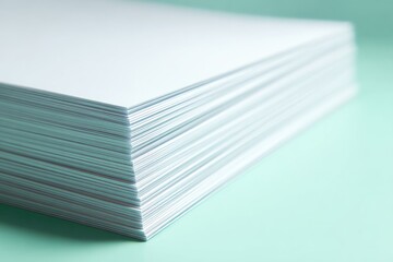A clean stack of white paper sheets on a light teal background.