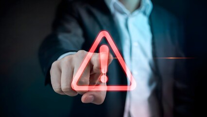 Urgent warning alert appears as a businessman's hand points forward signaling danger or critical notification in a modern digital interface