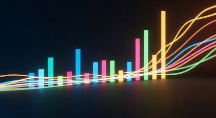 Fototapeta premium Abstract glowing 3D render of vibrant bar graphs and fluid data waves, showcasing digital business analytics, financial market insights, and technological innovation