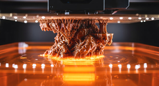 A 3D printer creating a complex brown sculpture