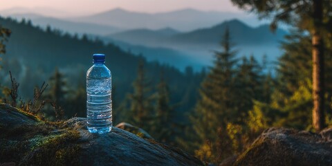 Clear plastic water bottle on rocks in a misty mountain forest landscape at sunrise.