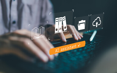 Hands typing on laptop with AI assistant interface surrounded by floating document icons including books, files, folders and cloud storage. Intelligent document management automation concept.