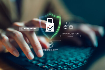 Hands typing on laptop with cybersecurity interface showing green security shield, password field, data protection slider and network icons. Digital security and privacy protection concept.