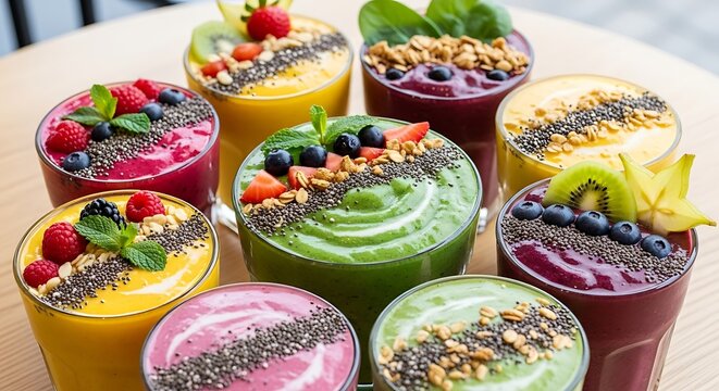 Colorful Assorted Fruit Smoothie Bowls with Toppings - Powered by Adobe
