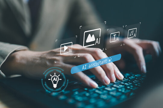 Hands typing on laptop with AI assistant interface and floating creative content icons including video, image, text and audio generation. Artificial intelligence content creation automation concept.