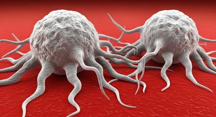 Detailed 3D illustration of cancer cells on a red background, highlighting the complex structure, invasive nature, and biological characteristics of malignant cells for scientific and medical research