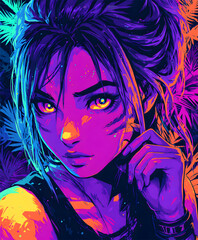 Naklejka premium Vibrant neon portrait of a focused anime girl with glowing eyes.