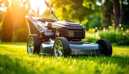 Modern Lawn Mower in a Lush Green Yard at Sunset