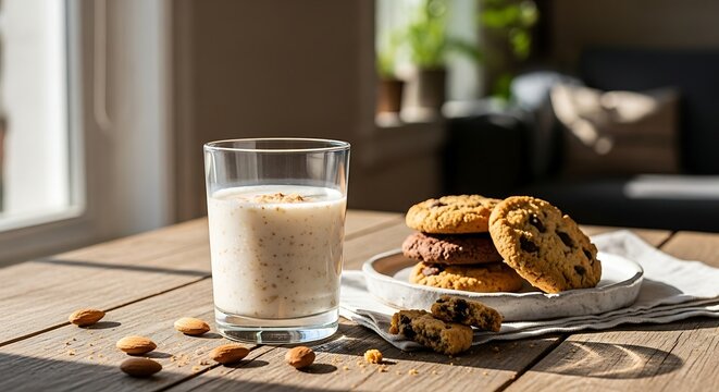 Cookies and Milk on a Wooden Table with Sunlight