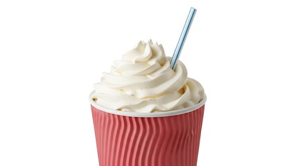 Creamy whipped topping in a red paper cup with a straw
