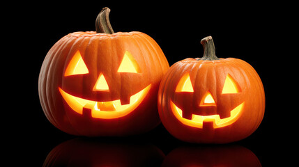 Obraz premium Smiling pumpkins with carved faces glowing warmly, perfect for Halloween decorations and celebrations