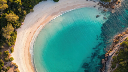Aerial view of secluded beach cove with crystal clear turquoise water, golden sand, lush greenery, and rocky formations creating serene atmosphere