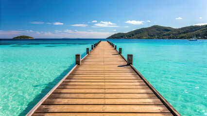 Fototapeta premium Scenic wooden pier stretches into turquoise ocean under clear blue sky, surrounded by lush green islands and calm waters