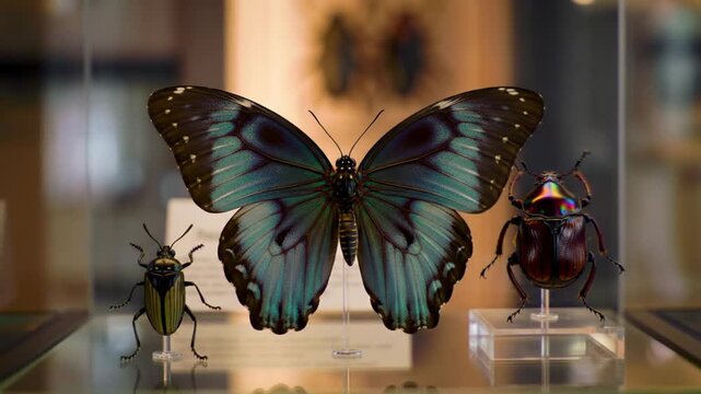 Stunning butterfly and beetles insect collection on display in a museum.