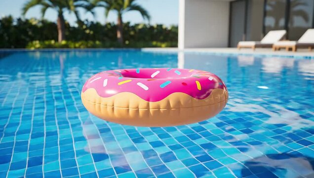 Blue-tiled swimming pool with a vibrant pink donut-shaped inflatable floating on calm water, summer vacation concept, realistic rendering