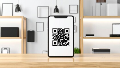 Modern QR Code Displayed on a Smartphone on Wooden Desk in a Modern Interior