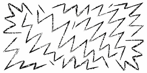 Abstract black and white jagged zigzag patterns with a distressed texture on a white background