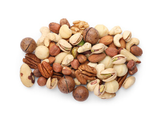 Mix of different nuts isolated on white, top view