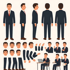 Business Man Character Constructor – Front, Side & Back View, Body Parts, Postures and Poses Collection Vector Illustration