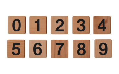 Wooden number tiles from zero to nine for educational games and math learning resources and creative design projects