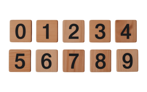 Wooden number tiles from zero to nine for educational games and math learning resources and creative design projects