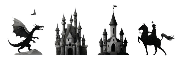 Obraz premium Fantasy Art Elements Featuring Dragon, Castle, Knight and Magical Landscape Design