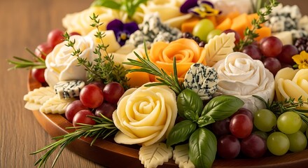 Elegant cheese and fruit platter with herbs and edible flowers