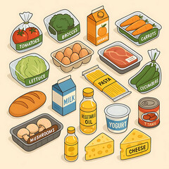 Grocery Food Illustration – Supermarket Packages with Vegetables, Eggs, Meat, Bread, Pasta and Other Groceries, Healthy Eating Concept Isometric Vector