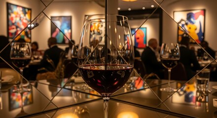 Elegant wine glass in a sophisticated art gallery restaurant setting