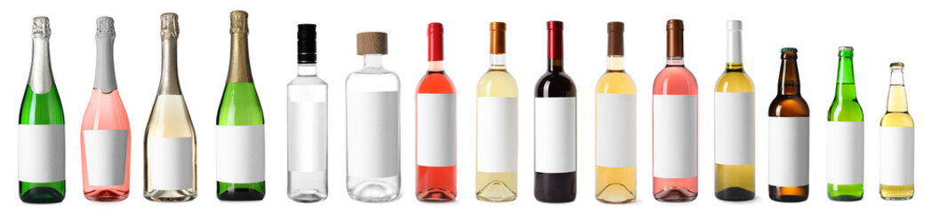 Bottles with empty labels isolated on white, set. Alcoholic drinks