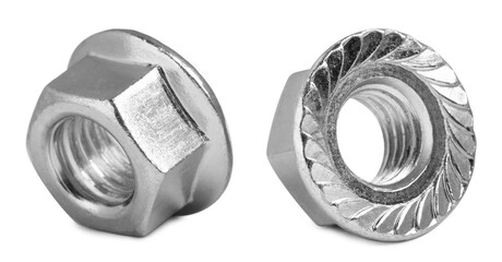Two metal flange nuts isolated on white