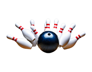 Bowling ball in front of pin on transparent background