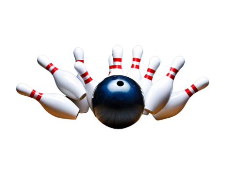 Bowling ball in front of pin on transparent background