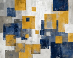 Abstract Geometric Composition with Yellow, Blue, and Gray Squares