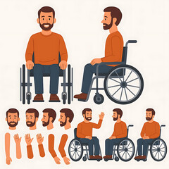 Man with Disability Character Constructor – In Wheelchair, Front & Side View, Body Parts, Postures and Poses Collection Vector Illustration